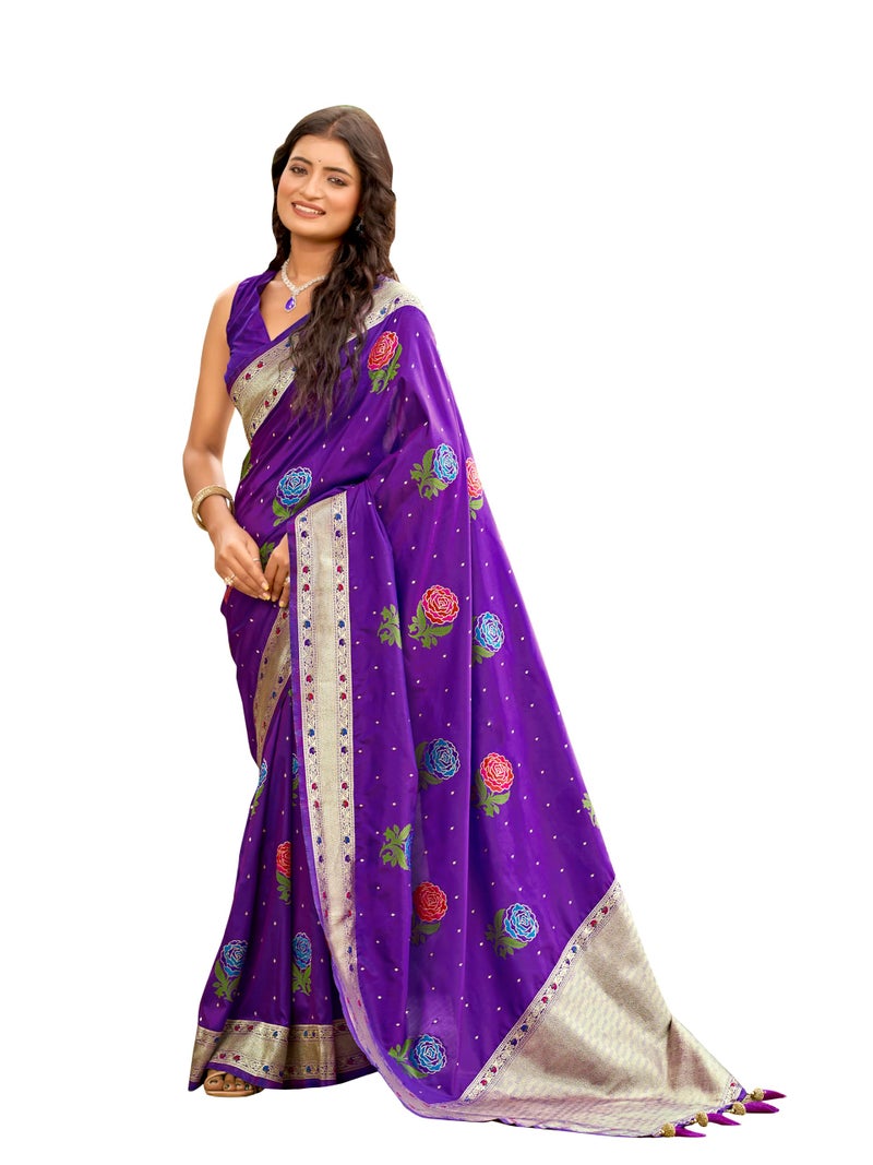 MANOHARI Women's Most Trendy Banarasi Satin Silk Woven Purple Colorful Flower Pattern Saree With Heavy Jacquard Work Saree With Blouse Piece_MN2036 - Image 1