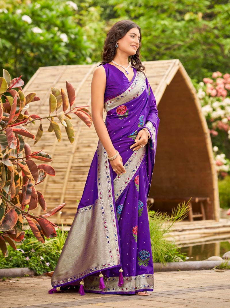 MANOHARI Women's Most Trendy Banarasi Satin Silk Woven Purple Colorful Flower Pattern Saree With Heavy Jacquard Work Saree With Blouse Piece_MN2036 - Image 4