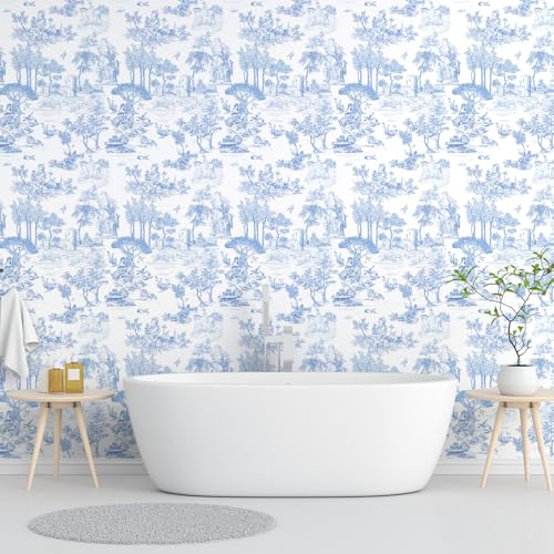 WENMER Toile Wallpaper 177 X 197 Blue and White Peel and Stick Wall Paper Toile de Jouy Wallpaper French Vintage Contact Paper for Bedroom Walls Backdrop Cabinet Home Decor - Image 3