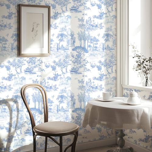 WENMER Toile Wallpaper 177 X 197 Blue and White Peel and Stick Wall Paper Toile de Jouy Wallpaper French Vintage Contact Paper for Bedroom Walls Backdrop Cabinet Home Decor - Image 1