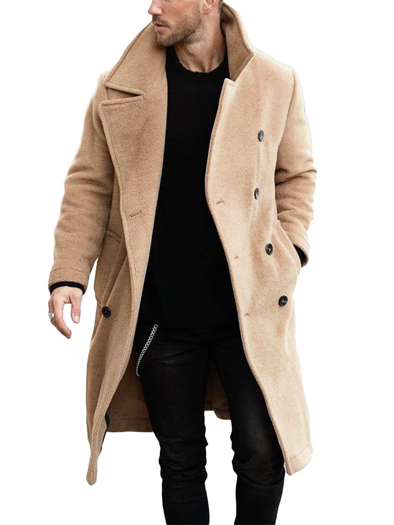 Makkrom Mens Double Breasted Trench Coat Casual Lapel Collar Business Winter Long Overcoats Khaki - Image 1