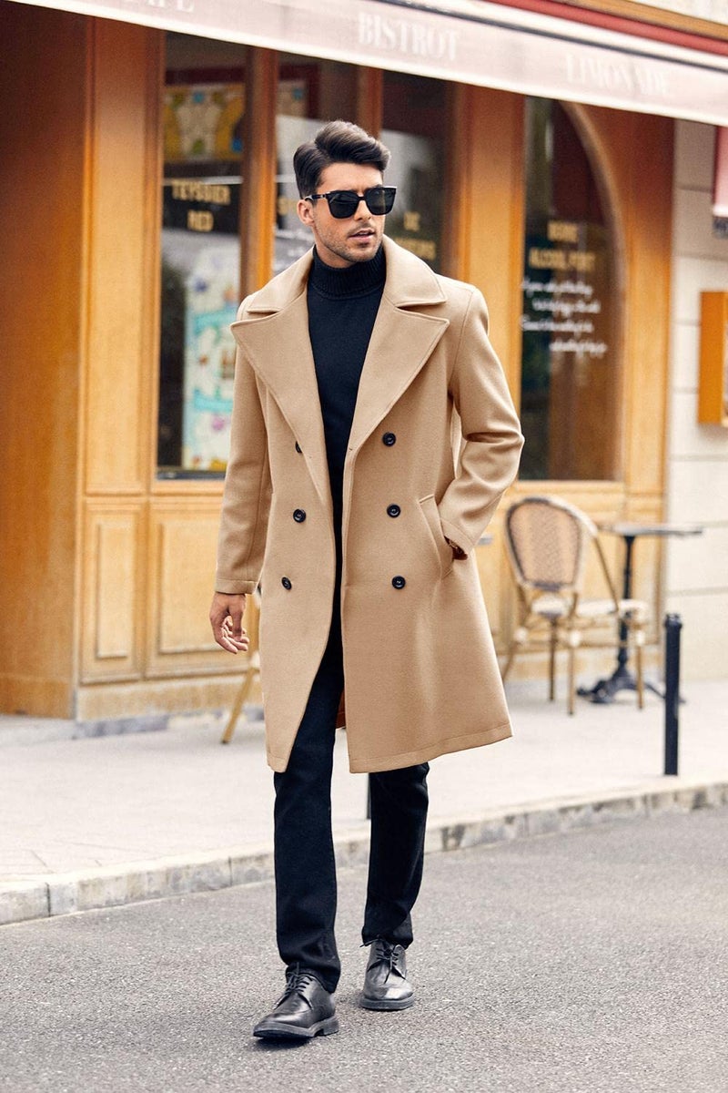 Makkrom Mens Double Breasted Trench Coat Casual Lapel Collar Business Winter Long Overcoats Khaki - Image 2