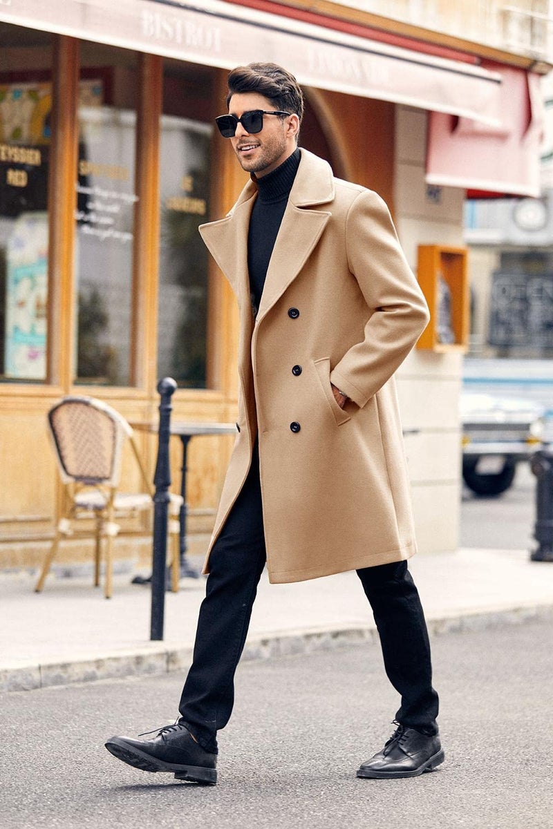 Makkrom Mens Double Breasted Trench Coat Casual Lapel Collar Business Winter Long Overcoats Khaki - Image 3