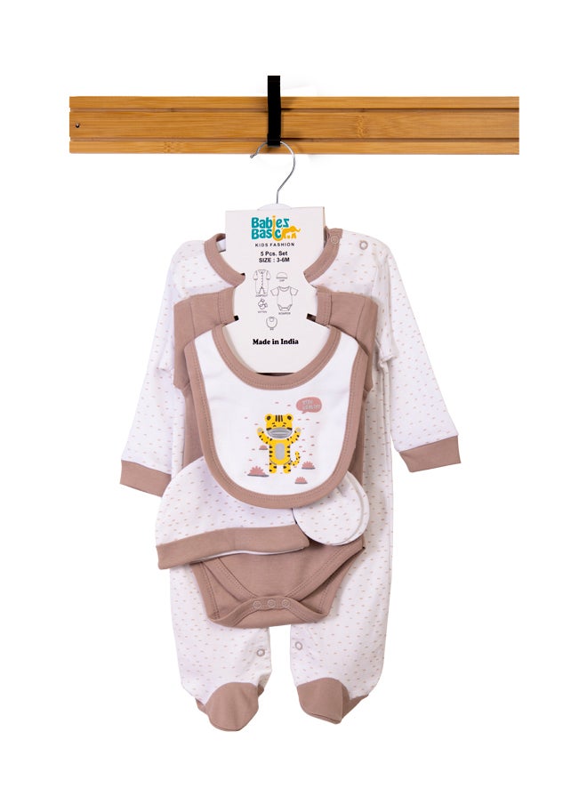 Babies Basic 5 Piece Unisex 100% Cotton Gift Set Include Bib, Romper, Mittens, Cap And Sleepsuit/Jumpsuit- Stay Healthly  - Image 1