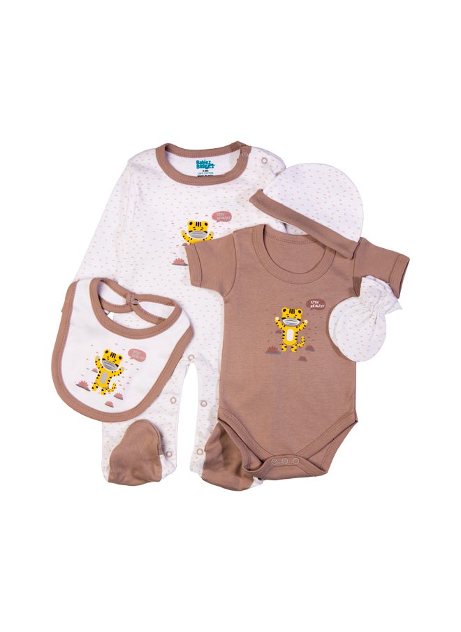 Babies Basic 5 Piece Unisex 100% Cotton Gift Set Include Bib, Romper, Mittens, Cap And Sleepsuit/Jumpsuit- Stay Healthly  - Image 2