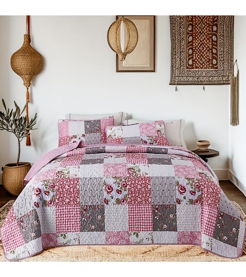 Pink Grey Floral Check Quilted Bedspread Set Includes Full Queen Cover And 2 Pillowcases Machine Washable - Image 2