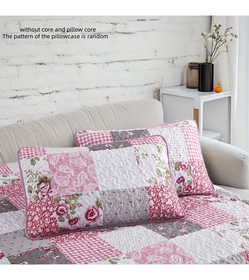 Pink Grey Floral Check Quilted Bedspread Set Includes Full Queen Cover And 2 Pillowcases Machine Washable - Image 4