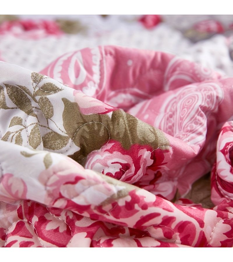 Pink Grey Floral Check Quilted Bedspread Set Includes Full Queen Cover And 2 Pillowcases Machine Washable - Image 5