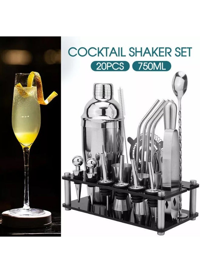 Cocktail Shaker Set, 24oz Cocktail Shaker 21Pcs Stainless Steel Bar Tools Bartending Kit with Black Acrylic Stand Cocktail Recipes Booklet for Drink Mixing, Home, Bar, Party - Image 1