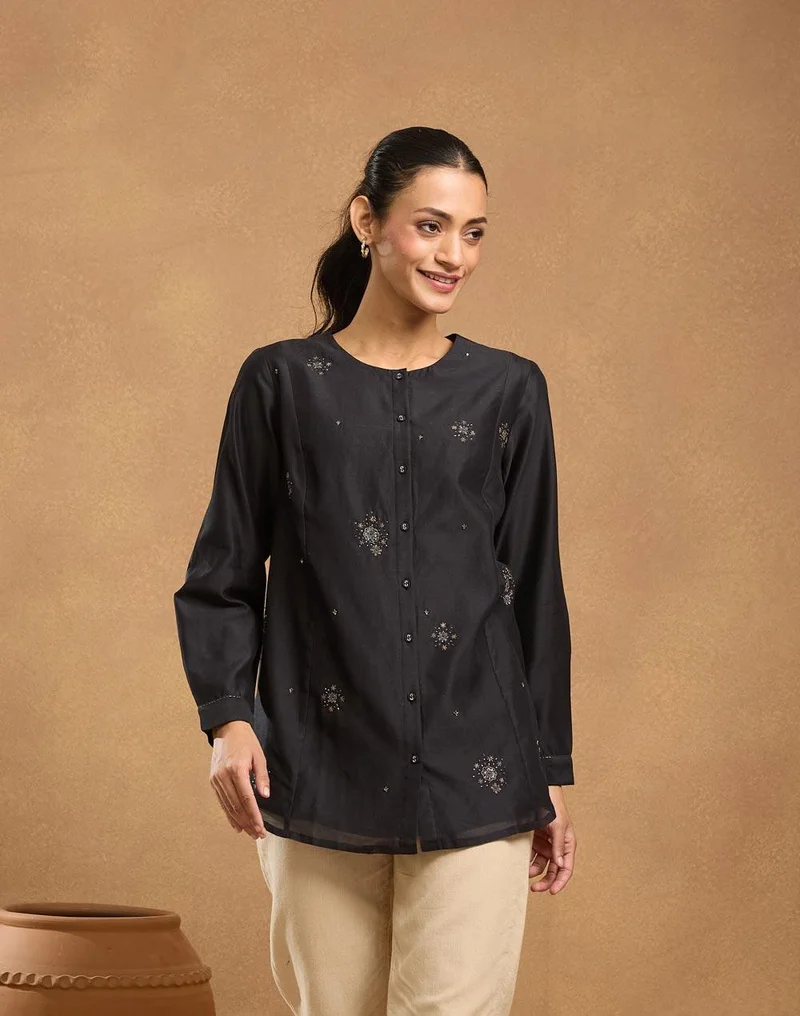 Fabindia Black Cotton Silk Hand Embroidered Tunic