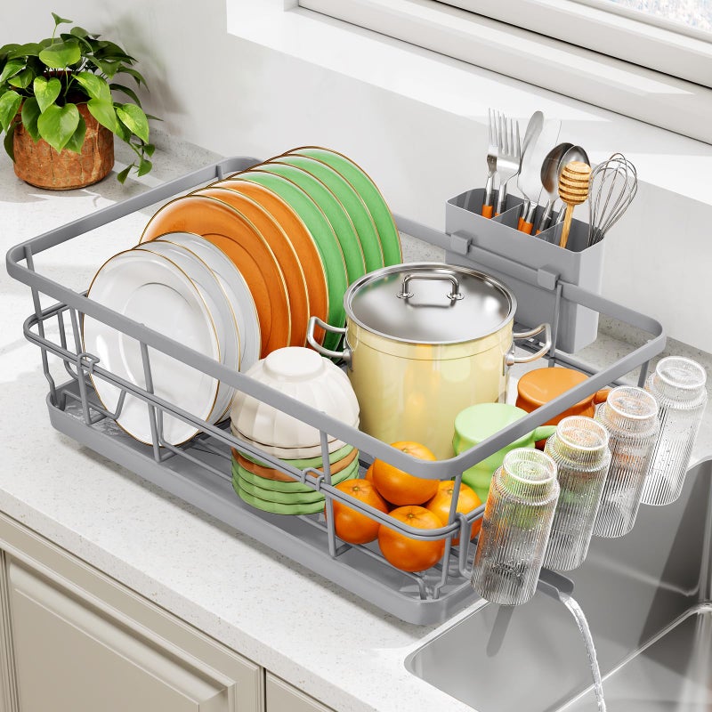TOOLF Dish Drying Rack, Dish Racks for Kitchen Counter, Stainless Steel Sink Organization and Storage Essentials with Cutlery Holder, Dish Drainer, Home and Appartment Decor, 12.4''W x 16.5''L, Gray - Image 1