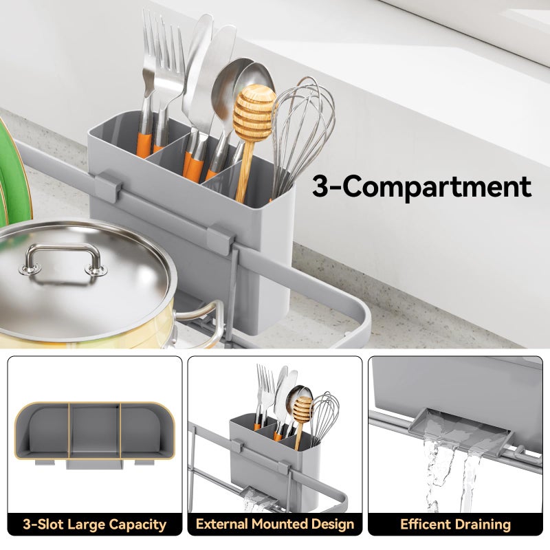 TOOLF Dish Drying Rack, Dish Racks for Kitchen Counter, Stainless Steel Sink Organization and Storage Essentials with Cutlery Holder, Dish Drainer, Home and Appartment Decor, 12.4''W x 16.5''L, Gray - Image 4