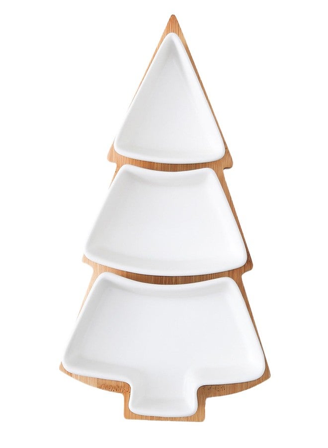 Qancesd Christmas Tree Shaped Platter Ceramic Dinner Plates with Wood Tray Christmas Tree Dishes Decorative Food Serving Tray for Appetizer Snack - Image 1