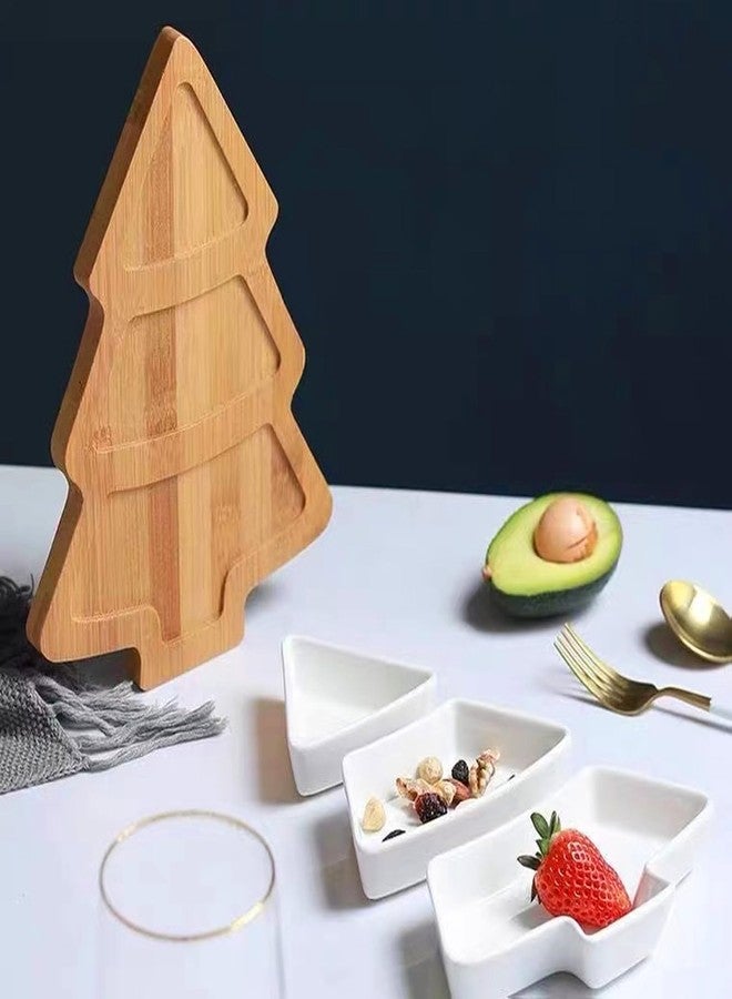 Qancesd Christmas Tree Shaped Platter Ceramic Dinner Plates with Wood Tray Christmas Tree Dishes Decorative Food Serving Tray for Appetizer Snack - Image 5