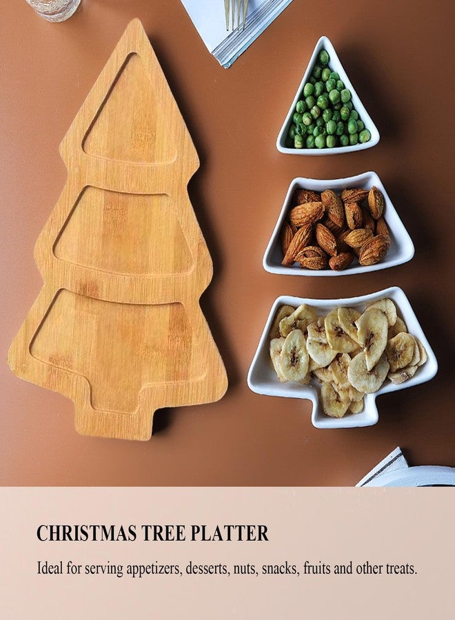Qancesd Christmas Tree Shaped Platter Ceramic Dinner Plates with Wood Tray Christmas Tree Dishes Decorative Food Serving Tray for Appetizer Snack - Image 3
