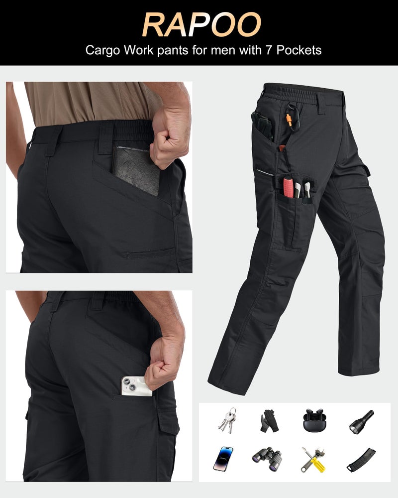 Rapoo Tactical Pants for Men Cargo Working Fishing Hiking Pants for Men with Multi Pockets Elastic Waist Mens Ripstop Construction Carpenter Pants Black 40Wx30L - Image 5