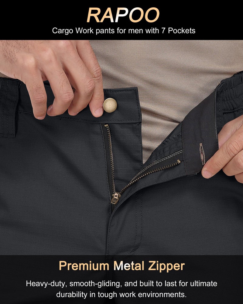 Rapoo Tactical Pants for Men Cargo Working Fishing Hiking Pants for Men with Multi Pockets Elastic Waist Mens Ripstop Construction Carpenter Pants Black 40Wx30L - Image 3