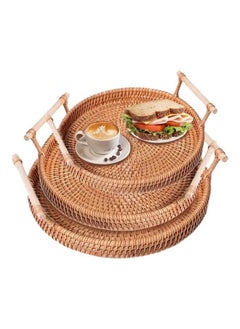 Beauenty 3-Piece Round Woven Serving Tray with Handles Brown 22, 24, 28cm  - Image 1
