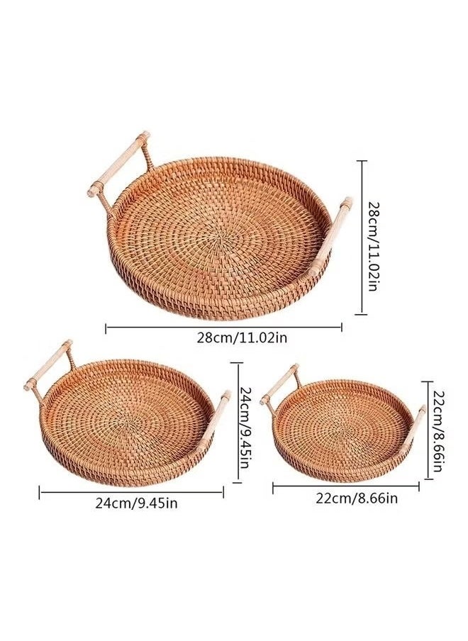 Beauenty - 3-Piece Round Woven Serving Tray with Handles Brown 22, 24, 28cm - Image 1