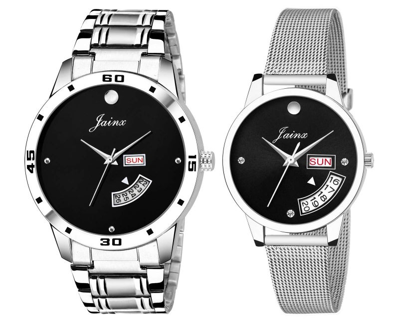 jainx Day Date Feature Steel Chain Gift Set Analog Wrist Watch for Couple - JC451 - Image 1