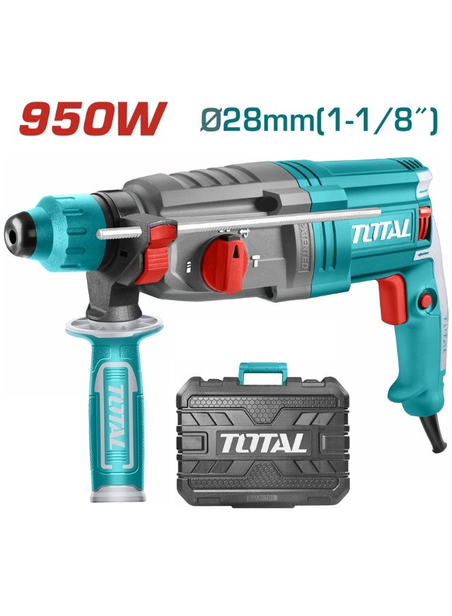 توتال TOTAL مثقاب مطرقة دوارة 950 واط SDS Plus، سعة حفر 28 مم للخرسانة، مثقاب كهربائي ثقيل للأعمال الإنشائية والبناء، طاقة طرق 2.5 جول، سرعة 0-1050 دورة/دقيقة، معدل طرق 0-4670 ضربة/دقيقة، مع 3 ريش حفر و2 إزميل، TH309288 - Image 2