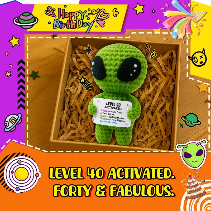 MAMAGIFTREE 40th Birthday Milestone Keepsake â€“ Handmade Crochet Alien Keepsake Doll with Funny Bday Message â€“ Unique 40 Years Old Gift for Him Her Friend or Family - Image 2
