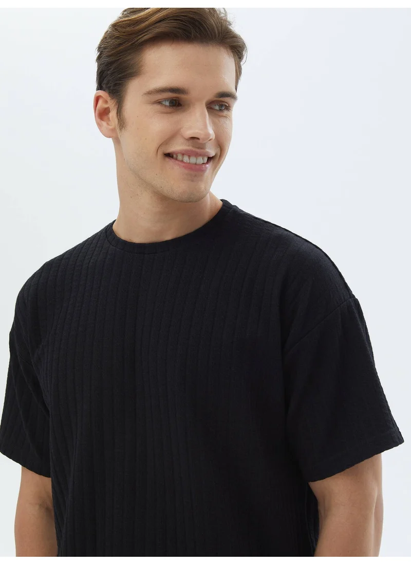 Kip Black Jacquard Crew Neck Cotton Blend T-Shirt