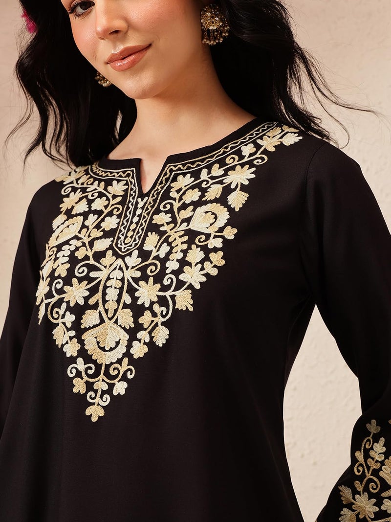 QAZMI Women Rayon Regular Fit Jasmine Kashmiri A-Line Short Kurti_Xl Black - Image 3