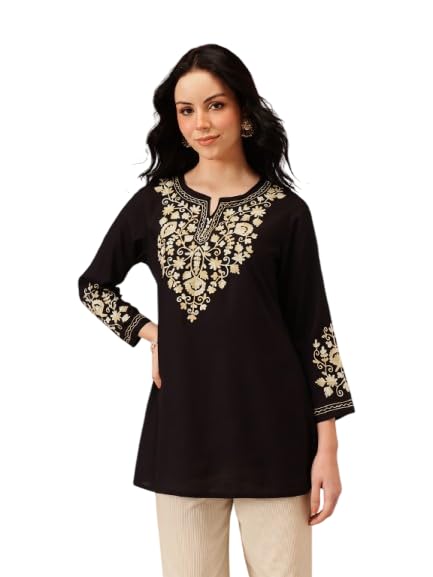 QAZMI Women Rayon Regular Fit Jasmine Kashmiri A-Line Short Kurti_Xl Black - Image 1