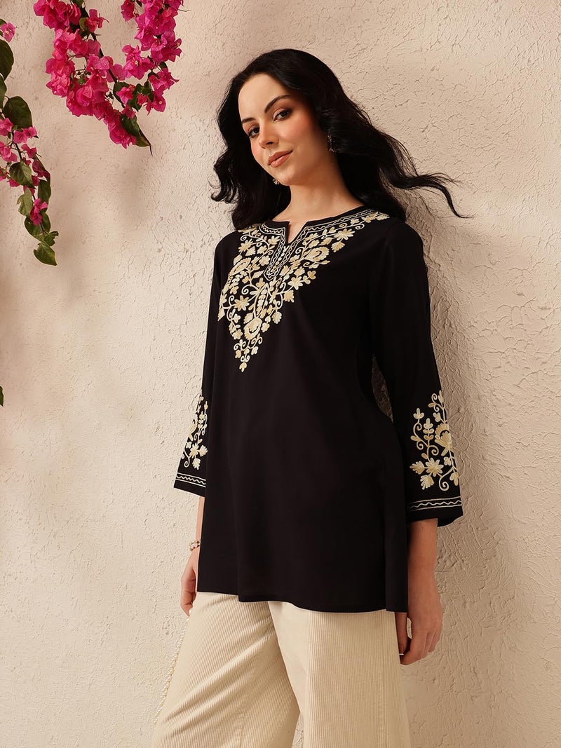 QAZMI Women Rayon Regular Fit Jasmine Kashmiri A-Line Short Kurti_Xl Black - Image 2