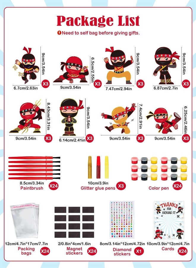 Bafeil 24 Set Ninja Party Favors - with Magnets Diamond Stickers Glitter Glue Pens - Karate Party Favors for Kids - Non-Toxic DIY Wooden Ninja Paint Crafts - Goodie Bags Gifts Prizes for Kids Boys Toddler - Image 2