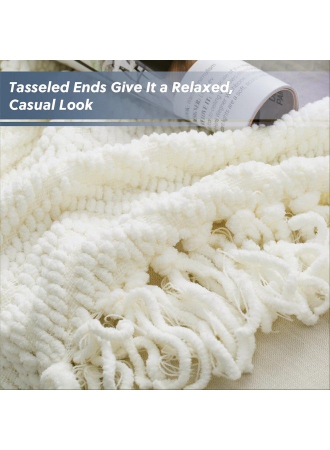 Bedsure Bedsure Cream Throw Blankets for Couch - Textured Chunky Knit Woven Chenille Blanket - Super Soft, Warm Decorative Boho Throw with Tassels for Bed, Sofa and Living Room Decor, Ivory, 50x60 Inches  - Image 4