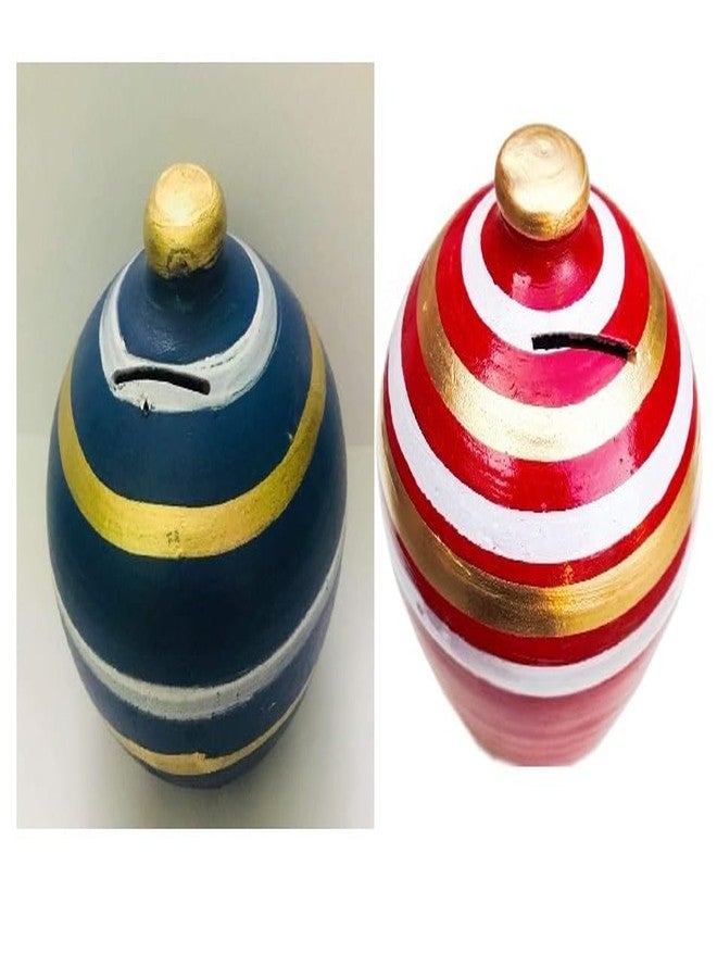 Craft Park Terracotta Clay Gullak, Money Bank,Piggy Bank Color - Red & Blue (Pack of 2 pics) - Image 2