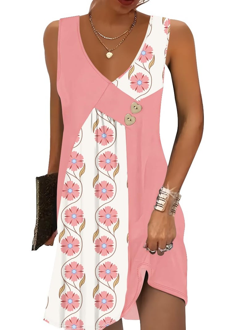 SAUKOLE Sundresses for Women Summer Casual Asymmetric V Neck Tank Beach Dress Flowy Floral Dresses with Pockets - Image 1
