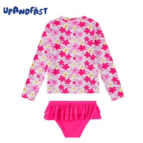 upandfast Little Girls Swimsuits Two Pieces Swimwears Rash Guard Set Long Sleeve UPF 50+ Bathing Suit (Pink Flower, 8 Years) - Image 2