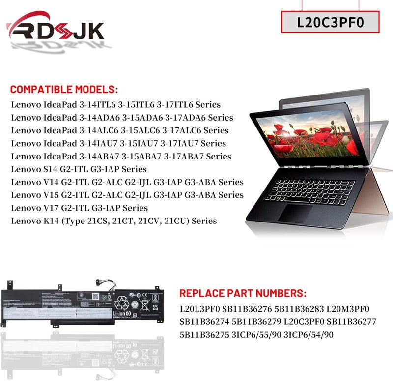 L20L3PF0 L20M3PF0 L20C3PF0 Laptop Battery for Lenovo Ideapad 3-14ITL6 3-15ITL6 3-17ITL6 3-14ALC6 3-15ALC6 3-17ALC6 3-14ABA7 14ADA6 S14 G2-ITL G3-IAP V14 G2 G3 V15 G2 G3 V17 G2 G3 K14 Series 11.1V 45Wh - Image 3
