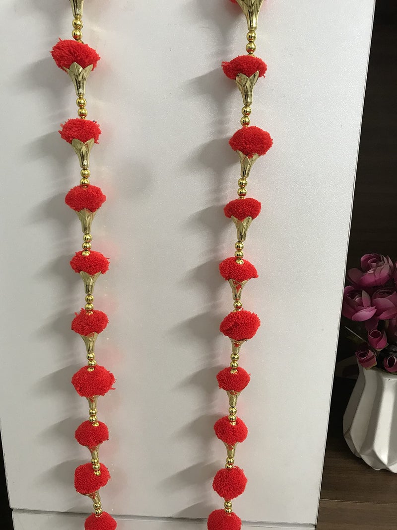 Aahum Handmade Wall Door Red Color Pom Pom String with Golden Beads,Triangle Flowers Hanging Torans Garland Bandhwar Decoration Item for Home Décor Diwali Festival,Navratri,Wedding (6 FT 2 Strings) - Image 5
