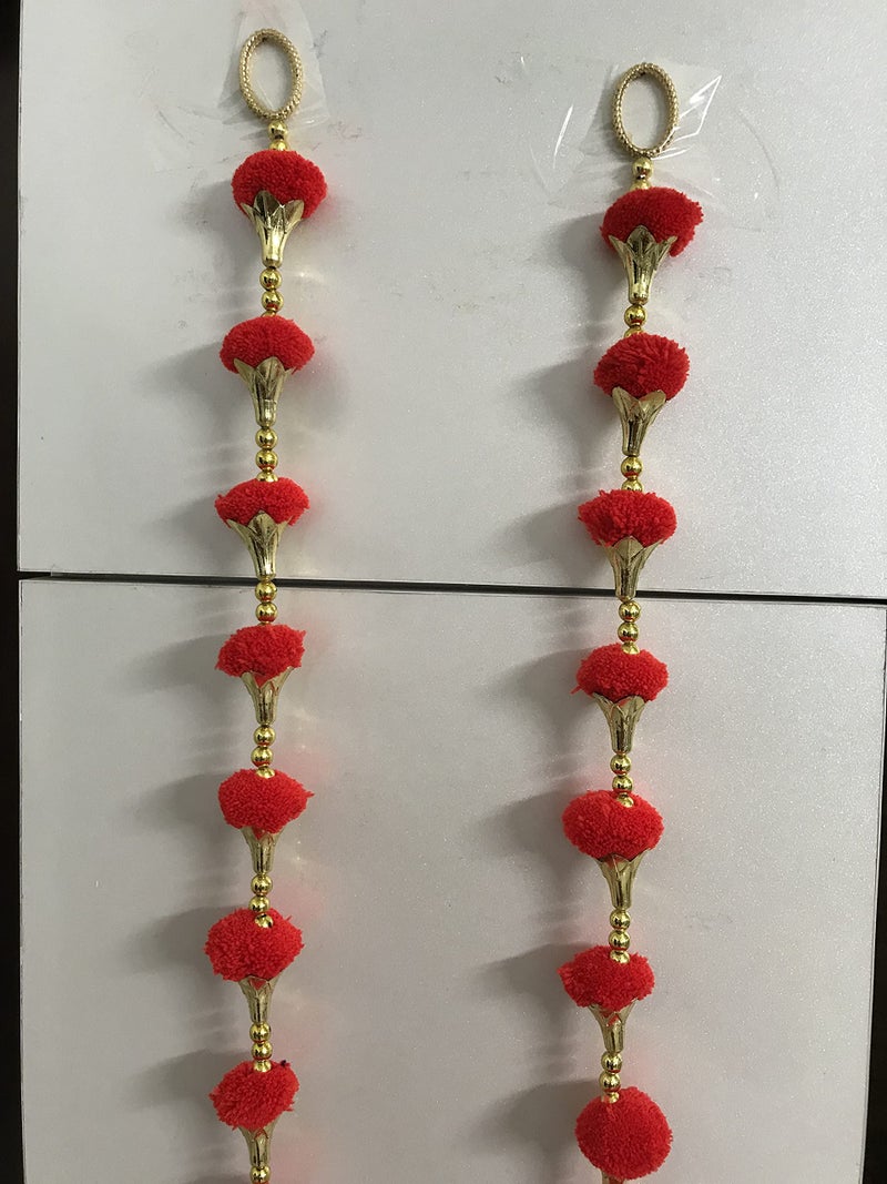 Aahum Handmade Wall Door Red Color Pom Pom String with Golden Beads,Triangle Flowers Hanging Torans Garland Bandhwar Decoration Item for Home Décor Diwali Festival,Navratri,Wedding (6 FT 2 Strings) - Image 3