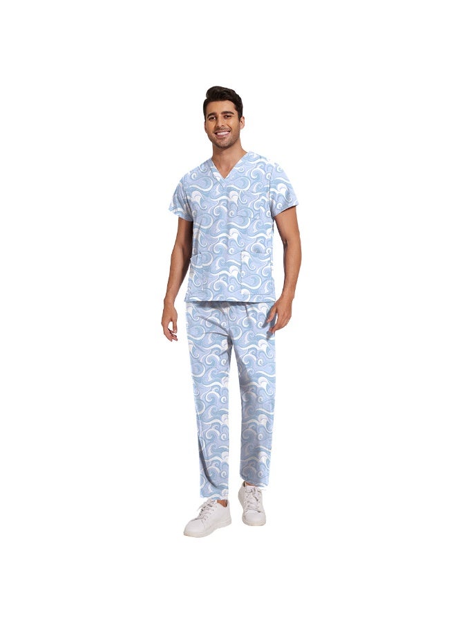 NIBEMINENT Scrub Set Men Casual Short-sleeved Pet Nurse Work Clothes Cartoon Print V-neck Dentist Work Uniform Practical Pocket - Image 1