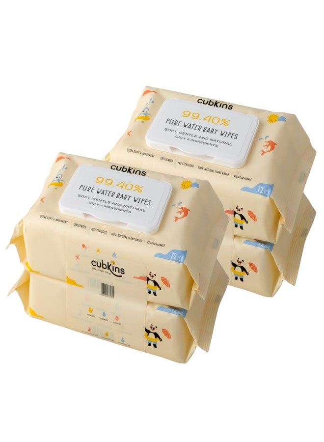 Cubkins Pure Water Baby Wipes | 99.4% Water & Plant-Based Fabric | Unscented, Biodegradable & Hypoallergenic | Cleansing for Sensitive Newborn Skin | Pack of 4 x 72 Wipes Pack (Flip Lid) - Image 1