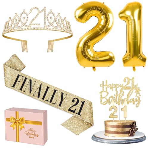 21st Birthday Decorations for Her Gold with 21st Birthday Sash and Tiara Cake Topper and candles Number Balloons 21 Year Old Gifts for Her