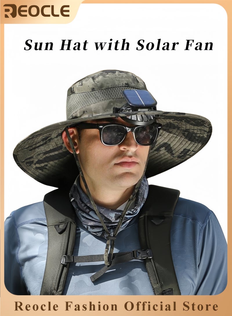REOCLE Sun Hat with Solar Fan Wide Brim Hat UPF50 Sunscreen Hat Lightweight Fan Hat Strong Wind Cooling Hat Charging Solar Dual-use Fan Cap Outdoor Fishing Hat - Image 1