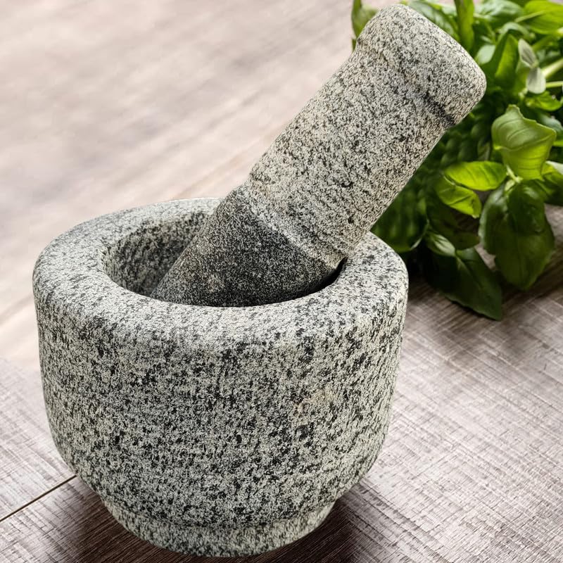 EZAHK Stone Mortar and Pestle Set for Spices Okhli Masher Khalbatta Kharal Mixer Natural Traditional Grinder 5x4 inch pack of 1 - Image 1