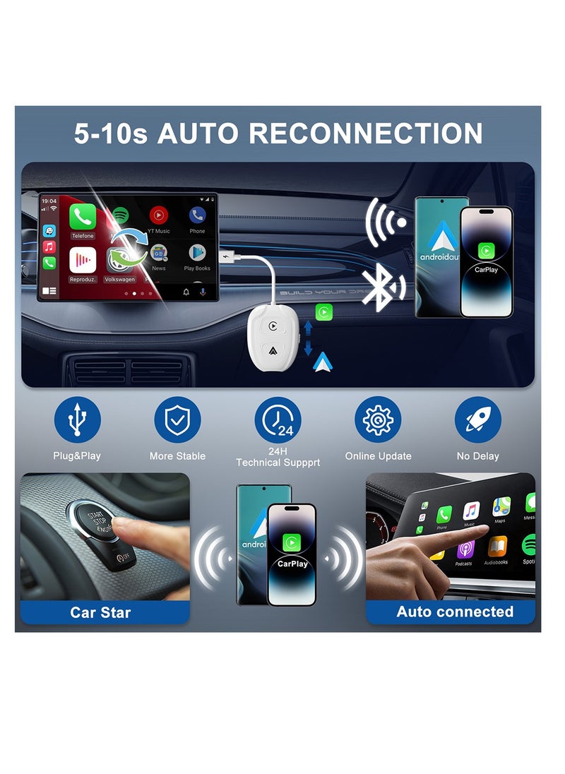 Furtey 2-in-1 Wireless Apple CarPlay & Android Auto Wireless Adapter, Plug & Play 5.8 GHz Wireless Carplay Dongle for Wired Apple Carplay & Android (Supports iOS 10 above) (White)  - Image 4
