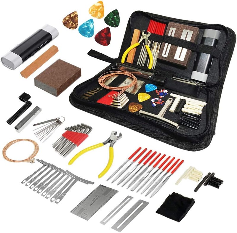Micling 72PCS Guitar Tool Kit，Professional Guitar Repairing Maintenance Tool Kit with Guitar Strings Picks Bridge Pins Gauge Guitar Accessories Gift for Acoustic Guitar Electric Guitar Ukulele Bass Banjo - Image 1