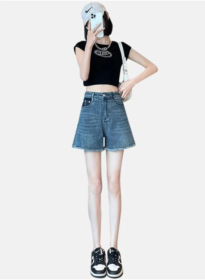 يونيكي Blue Solid High-Rise Denim Shorts