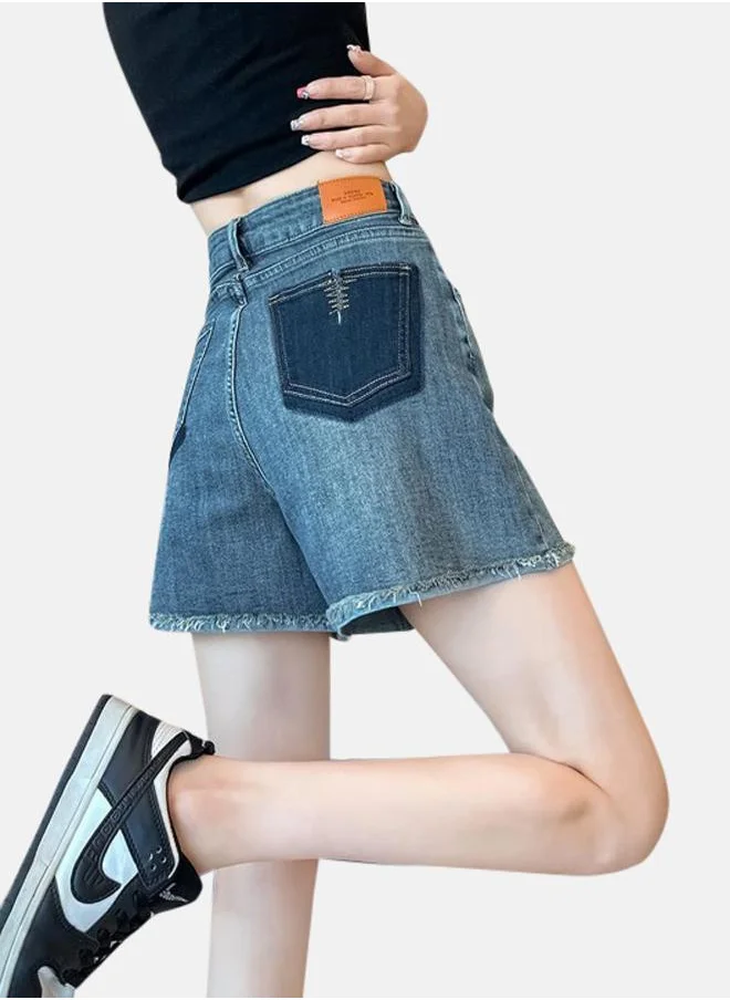 يونيكي Blue Solid High-Rise Denim Shorts