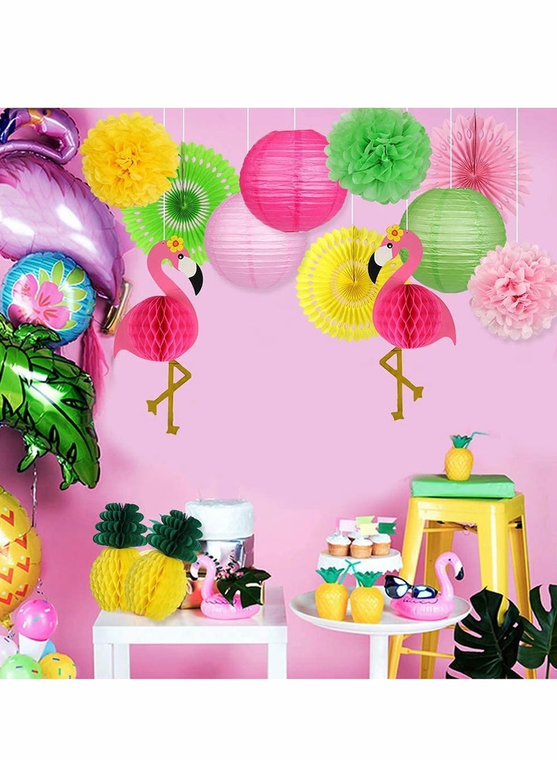 Loquat Flamingo and Pineapple Party Decorations, Honeycomb Ball Paper Lanterns, Paper Fans, and Pom Poms for Tropical Birthday Luau and Bachelorette Celebrations - Image 2