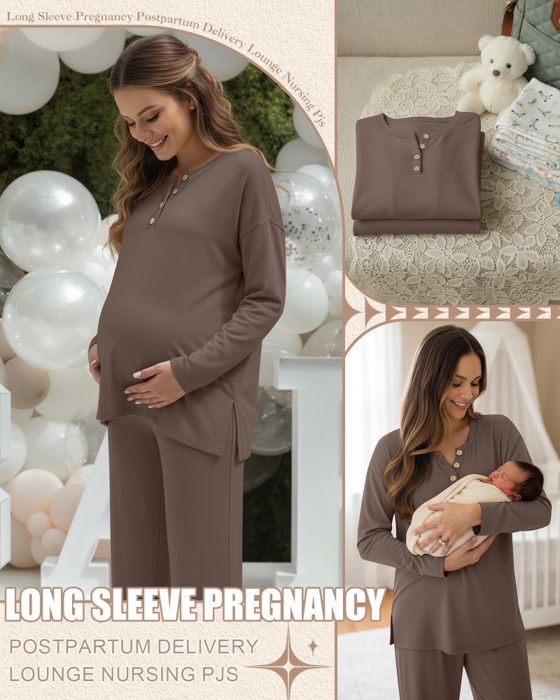 Yearntown Women's Maternity Pajamas Sets, Long Sleeve Pregnancy Postpartum Delivery Lounge Nursing Pjs with Pockets(Coffee,Large) - Image 2