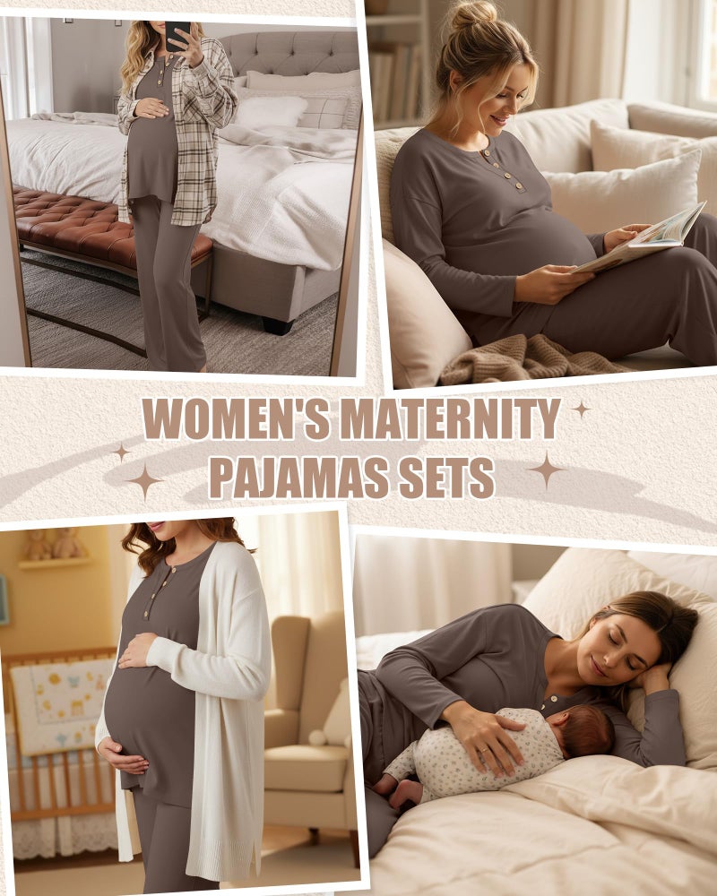 Yearntown Women's Maternity Pajamas Sets, Long Sleeve Pregnancy Postpartum Delivery Lounge Nursing Pjs with Pockets(Coffee,Large) - Image 3